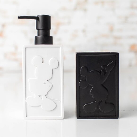 Disney Black & White Mickey Mouse Pump Lotion Dispenser & Toothbrush Holder Set - Picture 1 of 7